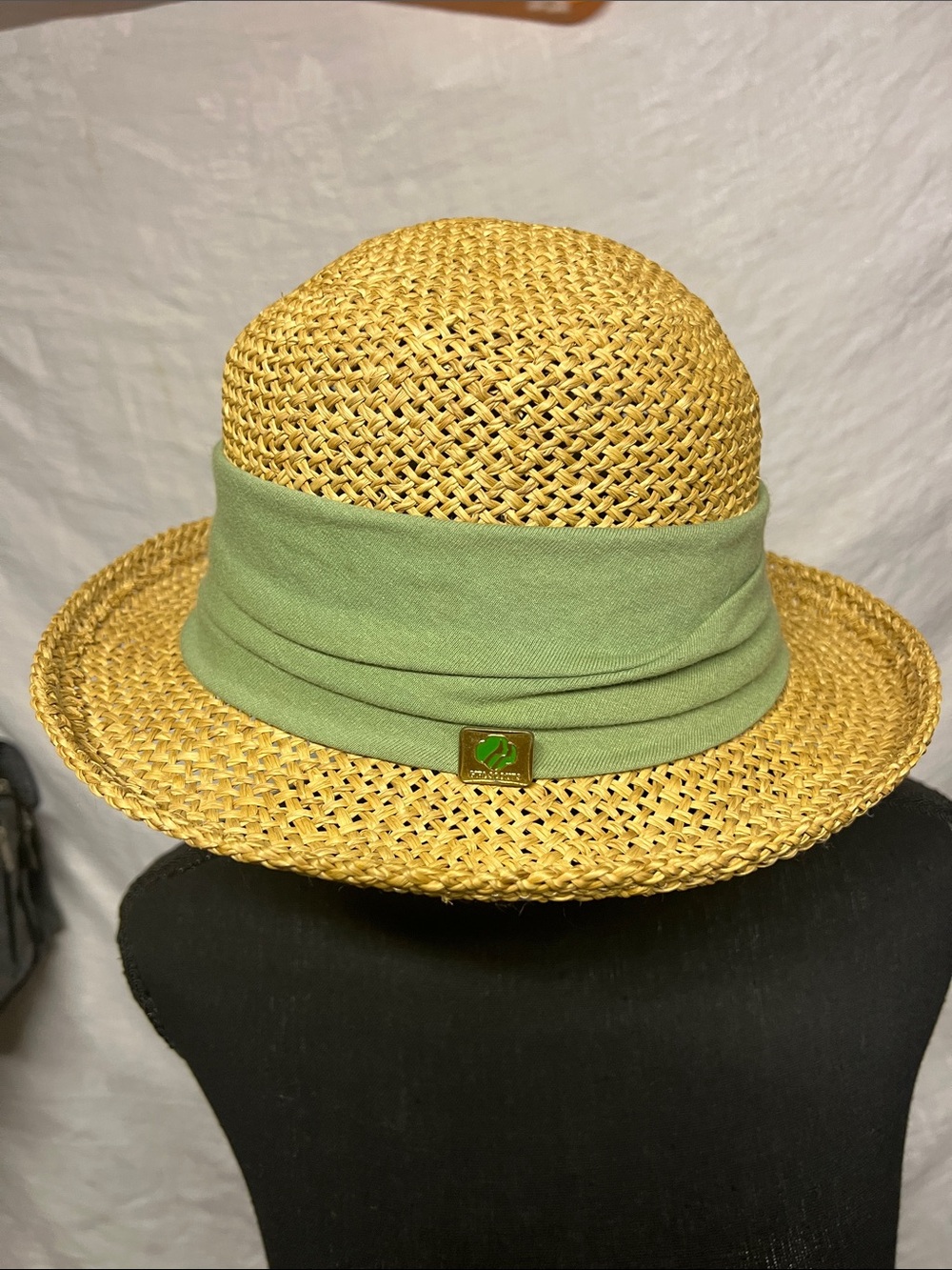 Tinatoo vintage Woven Straw Hat with Light Green Fabric Band and Girls scout pin